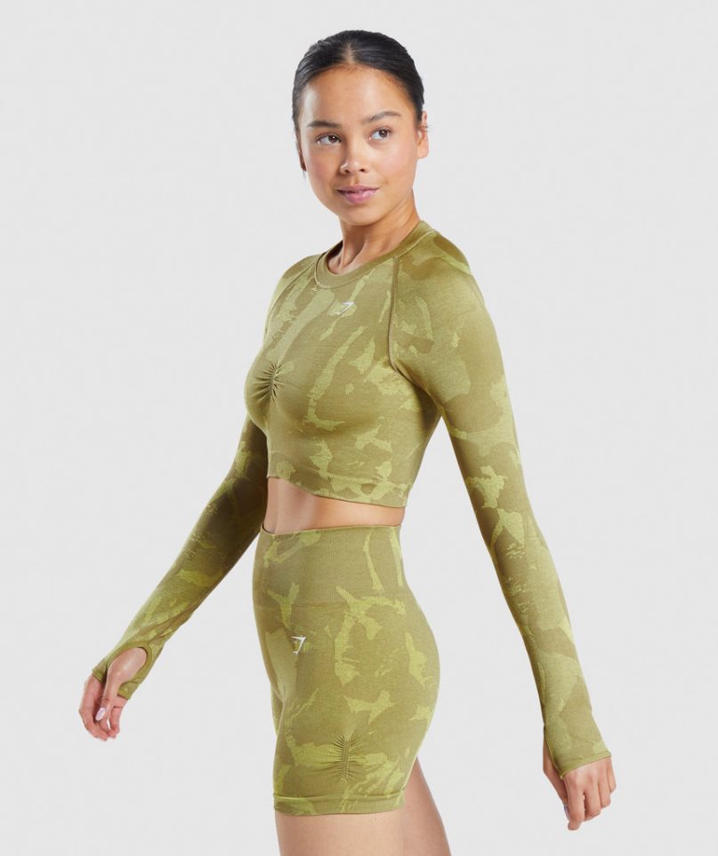 Women's Gymshark Adapt Camo Seamless Long Sleeve Cropped Tops Green | NZ 7YCSHV